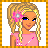 A pixelated contact sheet showing two frames of an animated AIM buddy icon: a blonde doll with pink flower accessory on the left and green text "constant mood swings" over blue background on the right.