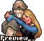 Pixel art of two figures embracing, one in blue shirt and brown pants with a hat, the other in dark clothing with long blonde hair; text "Preview" at bottom.