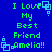 Blue background with green pixelated text reading "I Love My Best Friend Amelia!!" and light blue square-shaped icons scattered around.