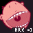 Pixelated cartoon head with pink skin, small ears, and a wide open mouth showing white teeth against dark background.