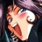Pixelated anime-style character with purple hair and blue eyes, mouth open in a shout, next to black background with white text.