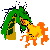 Green dragon head with white horns and yellow body, breathing orange fire on left side while emitting smoke from mouth on right side.