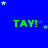 Blue background with green 'TAY!' text repeated in a , scattered light blue stars, and a gray rectangle in the bottom-right corner
