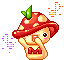 Pixel art mushroom character with red spotted cap, green stem tip, and orange body holding a red 'M' symbol; animated sequence shows changing facial expressions and hand positions.