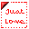 Red pixelated text 'Just Love' in three on gray background with red dashed border, corner triangle, and progressive text truncation across frames