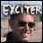Pixelated image of a person with short brown hair wearing dark sunglasses and a black top, overlaid with large white text reading EXCITER against a blurred outdoor background.