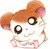 Pixelated cartoon hamster with orange fur, white face, and pink inner ears holding a small flower-like object against a plain background.
