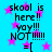 Blue background with pink stars and repeated black text reading "skool is here!! yoy!!! NOT!!!!! =[", with visible pixelation and slight color bleeding.
