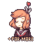 Pixel art character with light brown hair and a red flower, wearing dark clothing with white trim, standing against gray background.