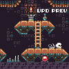 Pixel art scene showing floating platforms, a ladder, and game elements including a red orb and white character against dark background with "UPO PREV" text.