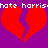 Pixelated red broken hearts on purple background with repeated white text 'hate harris' at top.