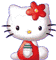 White cat with red flower on head, wearing red dress with green stripe, in multiple expressions including open eyes and closed eyes.