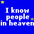 Blue background with repeated white text "I know people in heaven" and scattered yellow stars, partially cropped on the right.