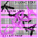 Pixelated image with pink and purple hues showing abstract shapes against a checkered background.