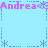 Pixelated light blue background with repeated pink text "Andrea" and purple decorative elements in a pattern