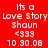 Red background displays repeated white pixelated text reading "Its a Love Story Shaun <333 10.30.08" in two across three