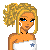 Pixel art of a blonde woman with curly hair wearing white strapless top and blue bell-bottom pants, standing next to partial figure in white shirt and jeans.