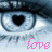 Pixelated eye icon with black heart-shaped pupil, light blue iris, and pink 'love' text in bottom right corner.