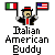 Pixelated character holding Italian and American flags with text below reading 'Italian American Buddy' in blocky font.