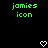 Green pixelated text 'jamies icon' appears twice on a black background with white heart symbols below.