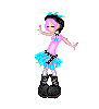 Pixelated character with pink hair and blue accessories in a dancing pose, wearing a pink top, blue skirt, white socks, and black boots against gray background.