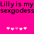 Bright pink background with black pixelated text reading "Lilly is my sexgodess" repeated twice, and two of white/pink heart symbols below