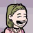 Pixelated cartoon character with short green hair, closed eyes, and a wide open mouth showing teeth against light purple background.