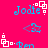 A static image with a bright pink background featuring repeated blue text "Jodie" and "Ben," white square-and-dot patterns, and light blue arrow symbols.