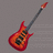 Pixelated electric guitar with flame design on gray background, adjacent to red with text