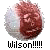 Pixelated circular icon with a split face showing light and dark tones, below which is black text reading 'wilson!!!!!' on gray background.