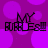 Purple background with large blurred circles and four identical pixelated text blocks reading "MY PURPLES" in black.