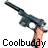 Pixelated static icon showing a hand holding a large blue gun with visible trigger and barrel, below which is pixelated text reading "Coolbuddy" on white background.