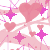 Pixelated static icon featuring multiple pink and magenta hearts with star-like shapes on a white background, rendered in low-resolution 8-bit style.
