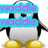 Pixelated penguin with black and white body, yellow feet, holding hands with another penguin; text overlays in cyan boxes.
