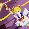 Pixelated anime character with blonde pigtails and sailor uniform performs actions with golden rope and glowing energy effect.