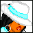 Pixel art contact sheet showing a character with orange skin and black hair in three animation frames, plus two text panels displaying stylized blue text on black backgrounds.