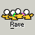 Pixel art of three yellow figures with white heads holding hands, each figure's hand color alternates between green and pink across frames.