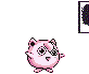 Pixelated pink round character with black eyes and a small mouth, shown in multiple poses including standing, spinning, and interacting with another similar figure against gray background.