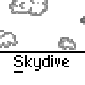 Animated contact sheet showing a skydiving character's progression from small falling figure to full landing pose across 19 frames with repeated "Skydive" text labels and cloud background elements.