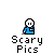 Animated pixel art of a blue figure with white skull head performing actions above 'Scary Pics' text on gray background.
