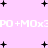 Pixelated pink background with scattered black plus signs and repeated white text 'PO+MOx3PO+MOx3' across two horizontal bands.