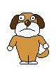 Brown cartoon dog with white face and brown ears in multiple poses including standing, waving, flexing muscles, and holding a small object.