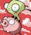 Static cartoon icon featuring two round characters with large eyes against a red background, one green and one pinkish-brown.