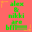 Green pixelated text on pink background reads 'alex & nikki are bffs!!!' with yellow stars and dotted lines, animated to shift position.