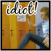 A person in a light blue shirt and dark jeans sits on a school locker, with 'GOSH! idiot!' text overlaid.