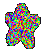 Six star-shaped pixelated icons with multicolored patterns on a gray background, arranged in two of three