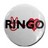 Circular gray icon with black text 'RUMGO' overlaid by pinkish-red pixelated shapes, static image.