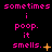 Pixelated text animation displays 'sometimes i poop. it smells.' with varying punctuation and symbols across three on black background