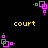Pixelated pink geometric shapes and yellow text 'court' on black background, with multiple identical configurations.
