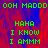 Green pixelated text on a red and blue gradient background with a gray on the right